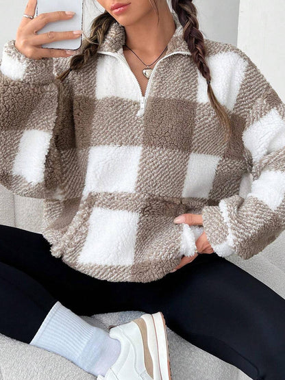 Women's Plaid Sherpa Quarter Zip Fleece Sweatshirt