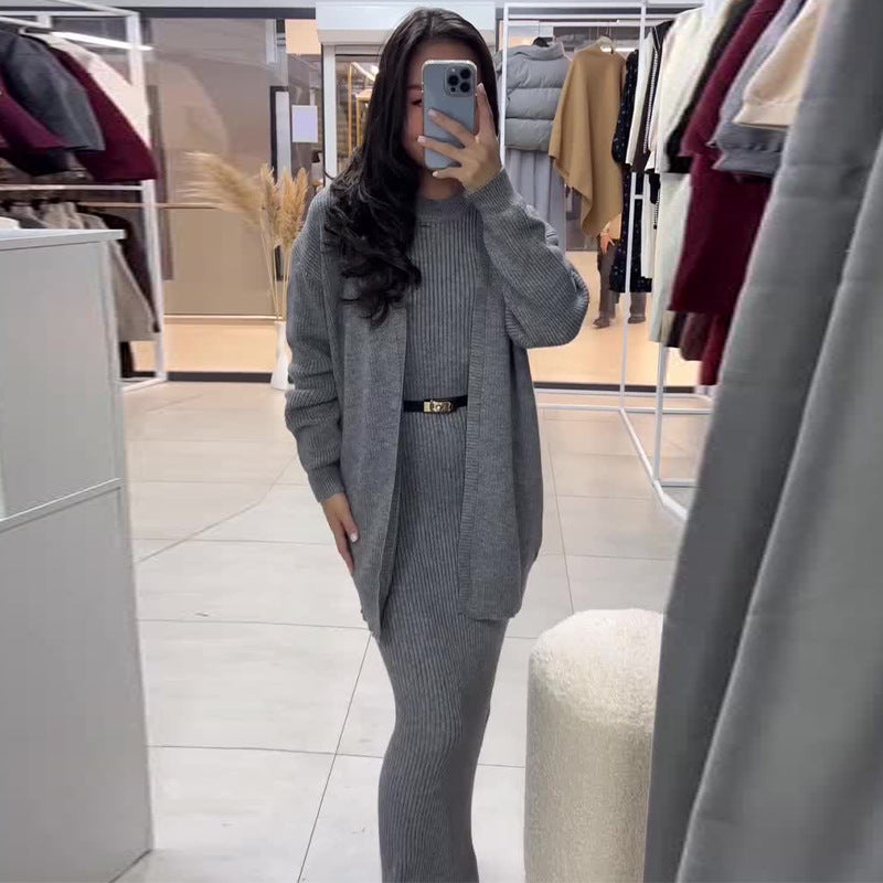 Women's Ribbed Knit Maxi Dress & Cardigan Belted Set