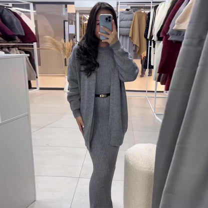Women's Ribbed Knit Maxi Dress & Cardigan Belted Set