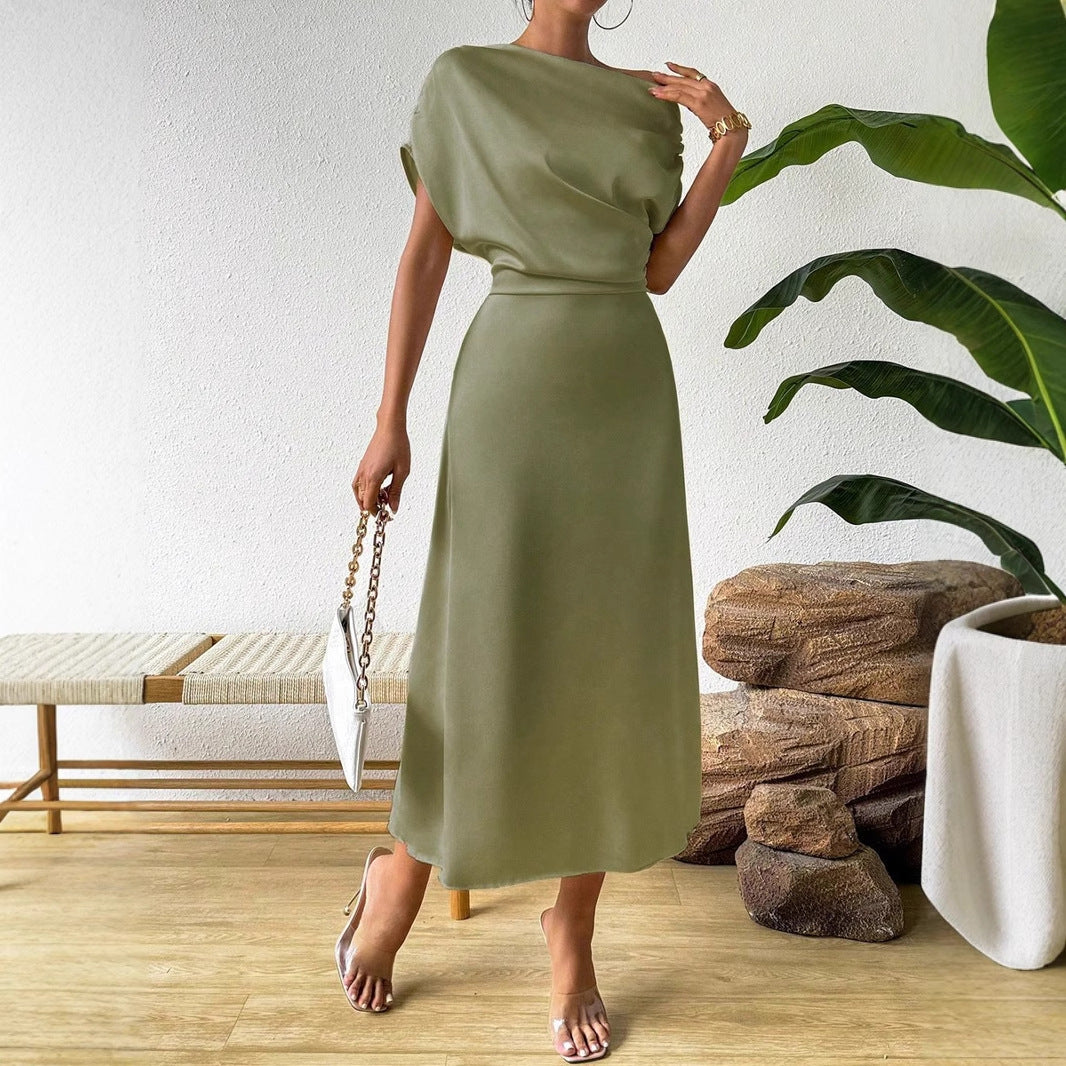 Women's Satin One Shoulder Maxi Dress Batwing Sleeve