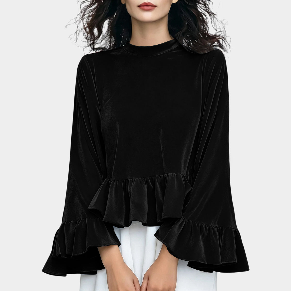 Women's Velvet Ruffle Bell Sleeve Peplum Top