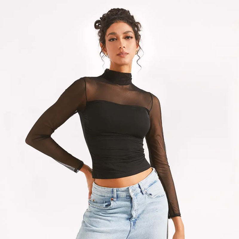 Sexy Sheer Mesh Mock Neck Long Sleeve Crop Top