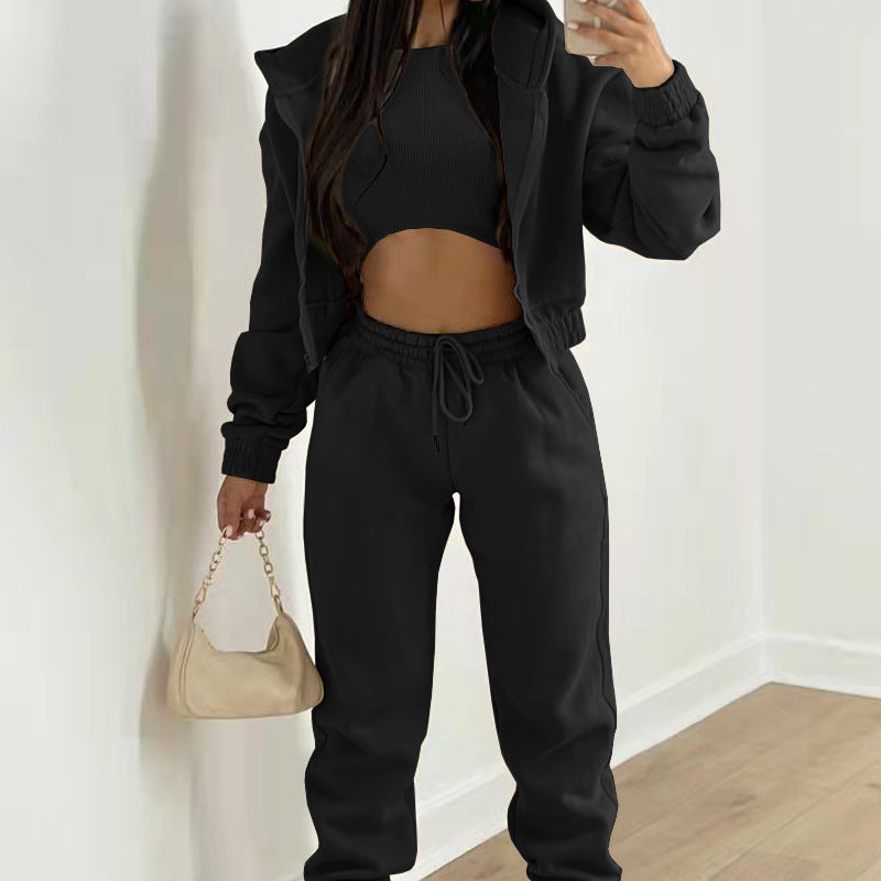 Women 3 Piece Hoodie Crop Top Jogger Pants Set