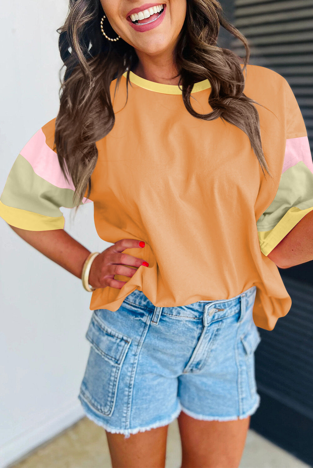 Colorblock Cotton Tee Loose Crew Neck Short Sleeve