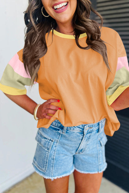 Colorblock Cotton Tee Loose Crew Neck Short Sleeve