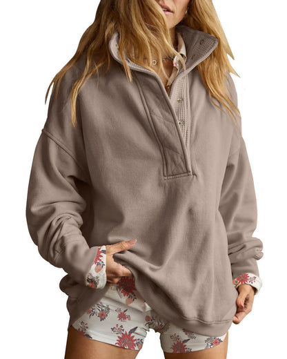 Half Snap Pullover Sweatshirt Oversized Long Sleeve