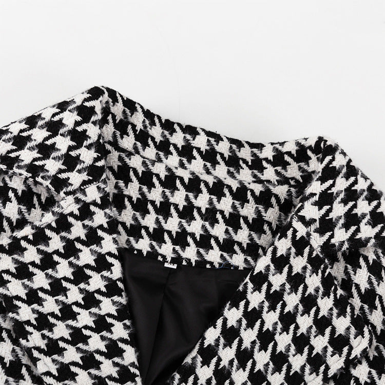 Women's Houndstooth Maxi Winter Coat Double Breasted Belted