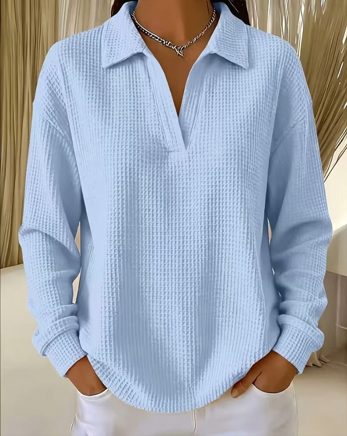 Waffle Knit Collared V Neck Long Sleeve Oversized Tunic Top