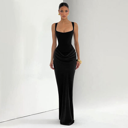 Square Neck Sleeveless Ruched Bodycon Maxi Dress