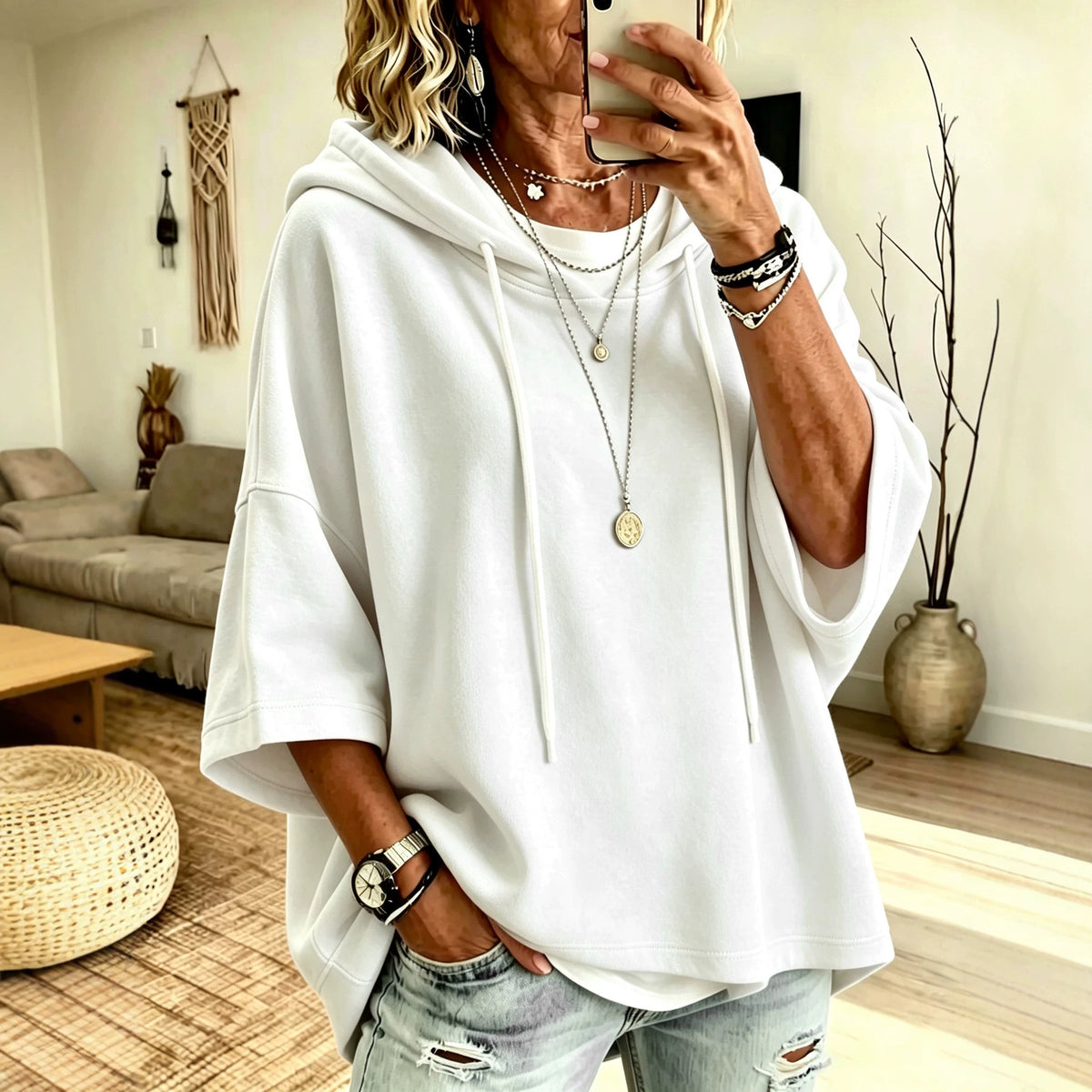 Women's Oversized V Neck Hoodie 3/4 Sleeve Solid Top