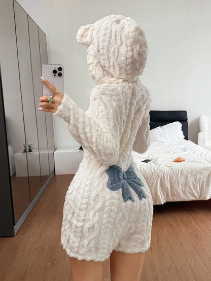 Women's Fuzzy Hooded Sherpa Romper with Bow Back