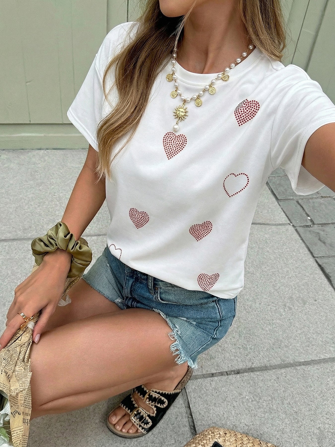 Women's Rhinestone Heart Oversized Casual Summer T-Shirt Top