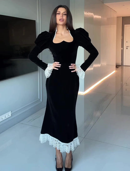 Black Velvet Lace Trim Bodycon Long Sleeve Midi Dress