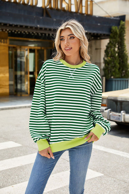 Striped Color Block Crew Neck Loose Fit Long Sleeve Sweatshirt