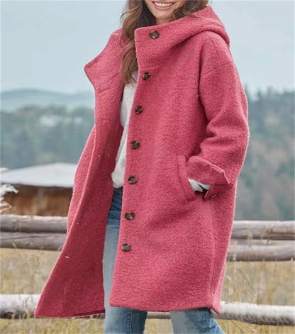 Hooded Wool Blend Coat Long Sleeve Casual Outerwear