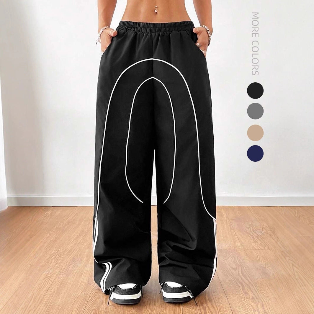 Women Baggy Wide Leg Pants Contrast Trim Low Rise Y2K