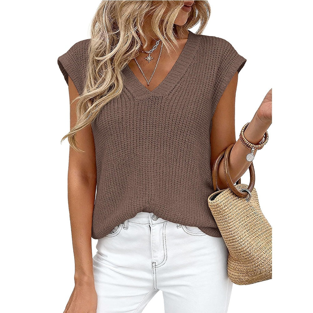 V Neck Knit Sweater Vest Sleeveless Loose Summer Top