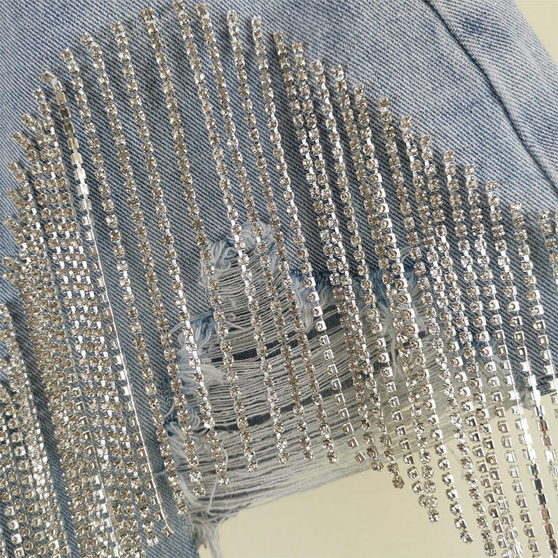 Fringe Rhinestone Distressed Denim Shorts Western Style