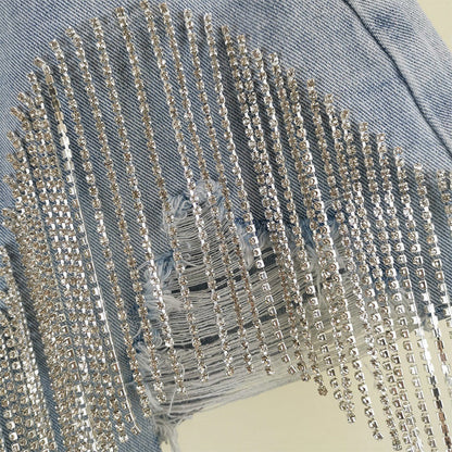 Fringe Rhinestone Distressed Denim Shorts Western Style