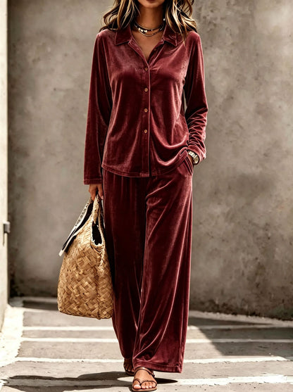 Women's Velvet Shirt Wide Leg Pants Two Piece Set