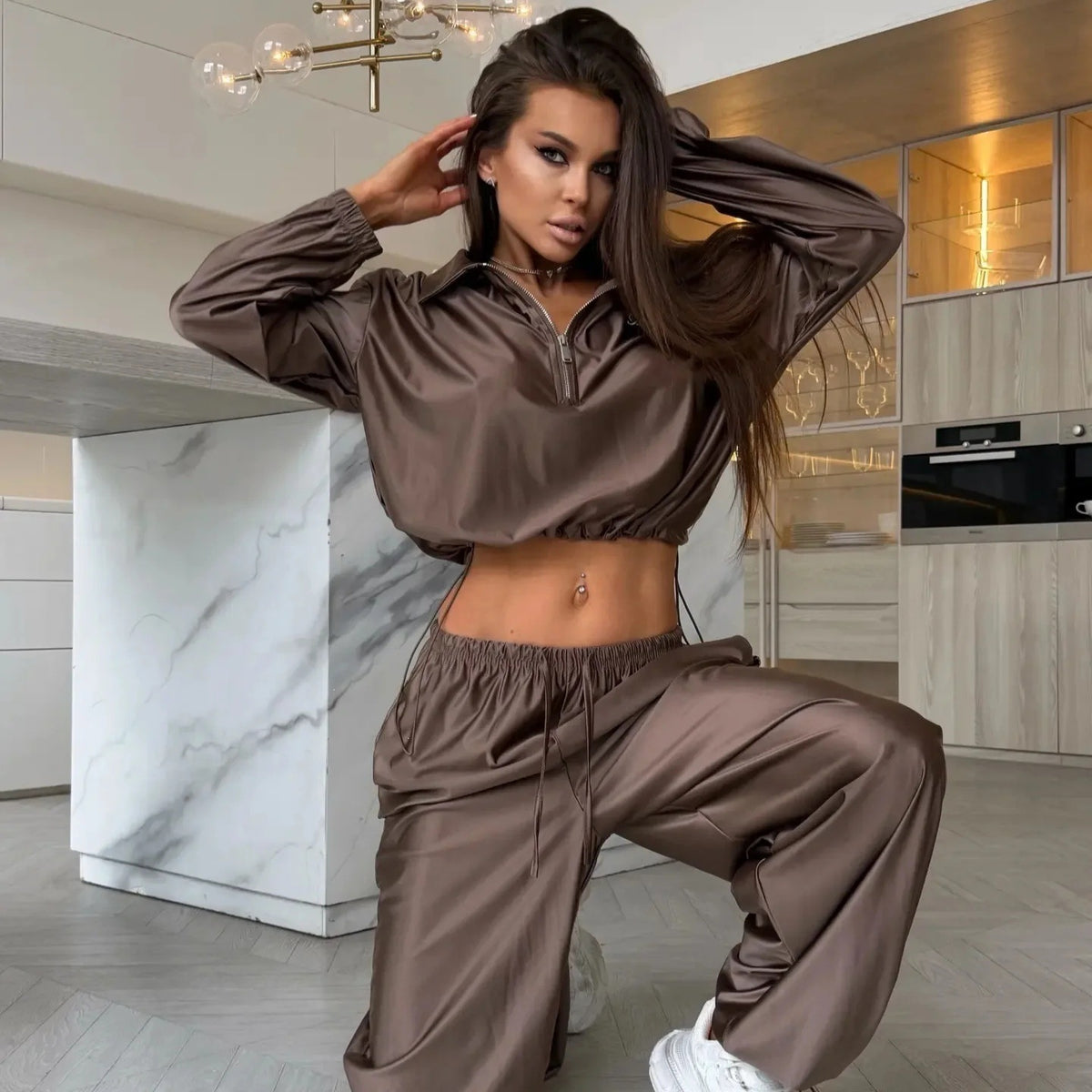 Women's Satin Zip Up Jacket Wide Leg Pants Two Piece Set