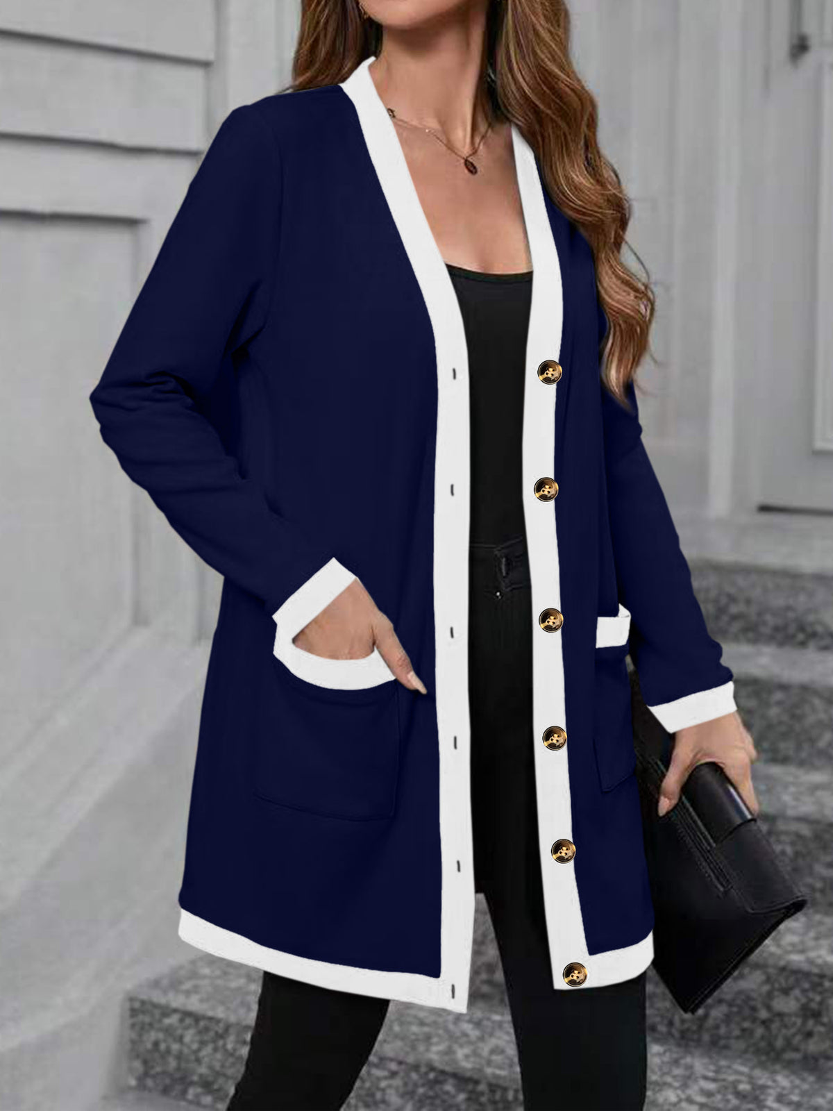 Women's Color Block V-Neck Button Front Long Cardigan