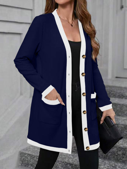 Women's Color Block V-Neck Button Front Long Cardigan