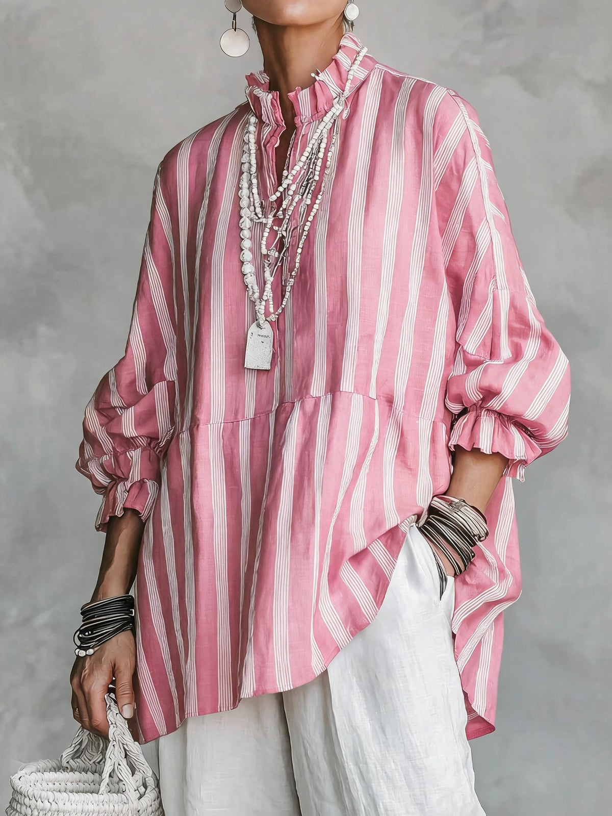 Women's Oversized Striped Blouse Balloon Sleeve Tunic Top