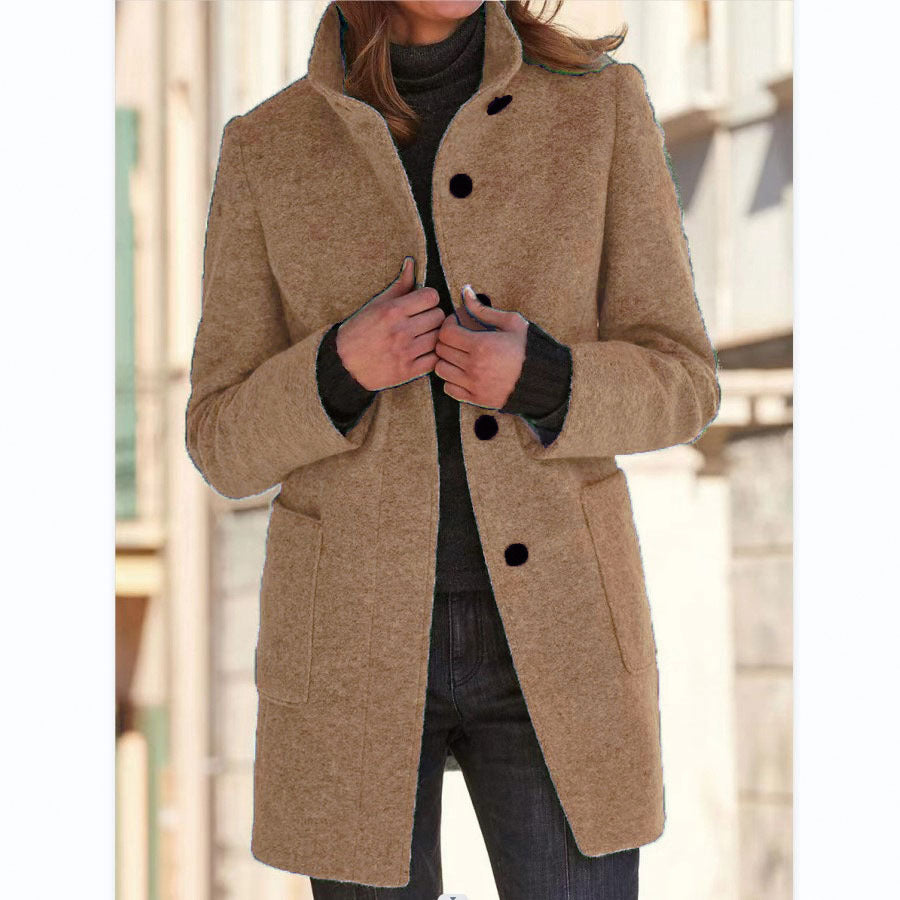 Women's Vintage Wool Blend Button Front Stand Collar Coat