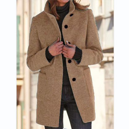 Women's Vintage Wool Blend Button Front Stand Collar Coat