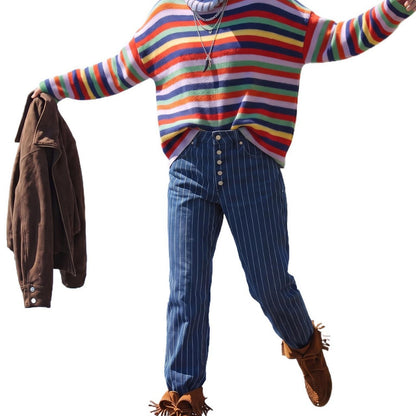 Women's Cozy Striped Crewneck Sweater Long Sleeve Pullover
