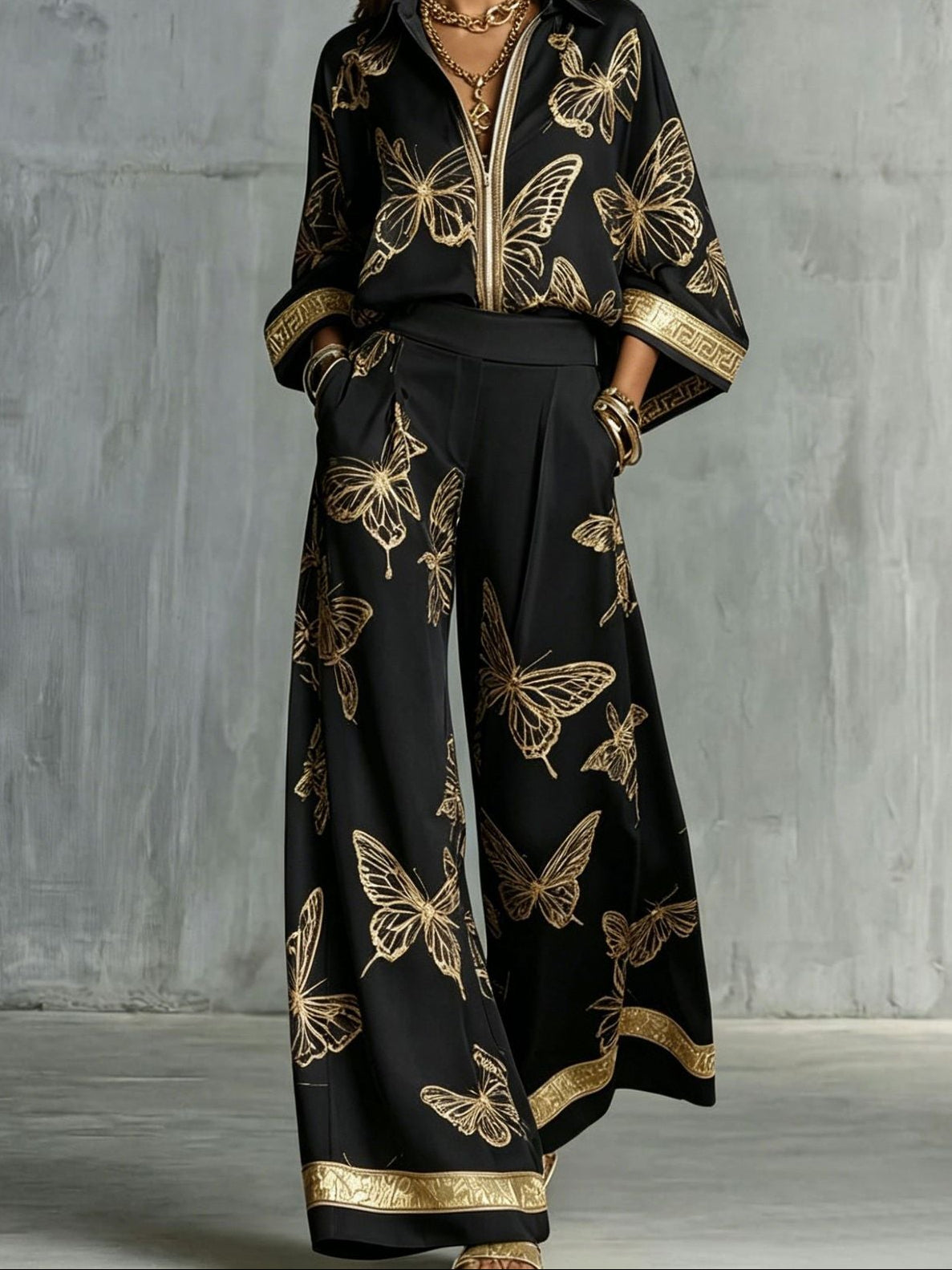 Boho Butterfly Print Two Piece Zip Up Top Wide Leg Pants
