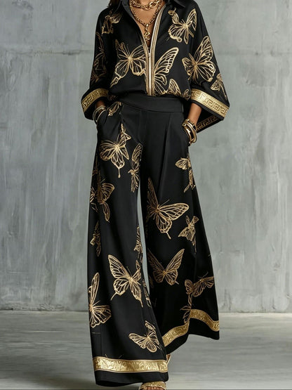Boho Butterfly Print Two Piece Zip Up Top Wide Leg Pants