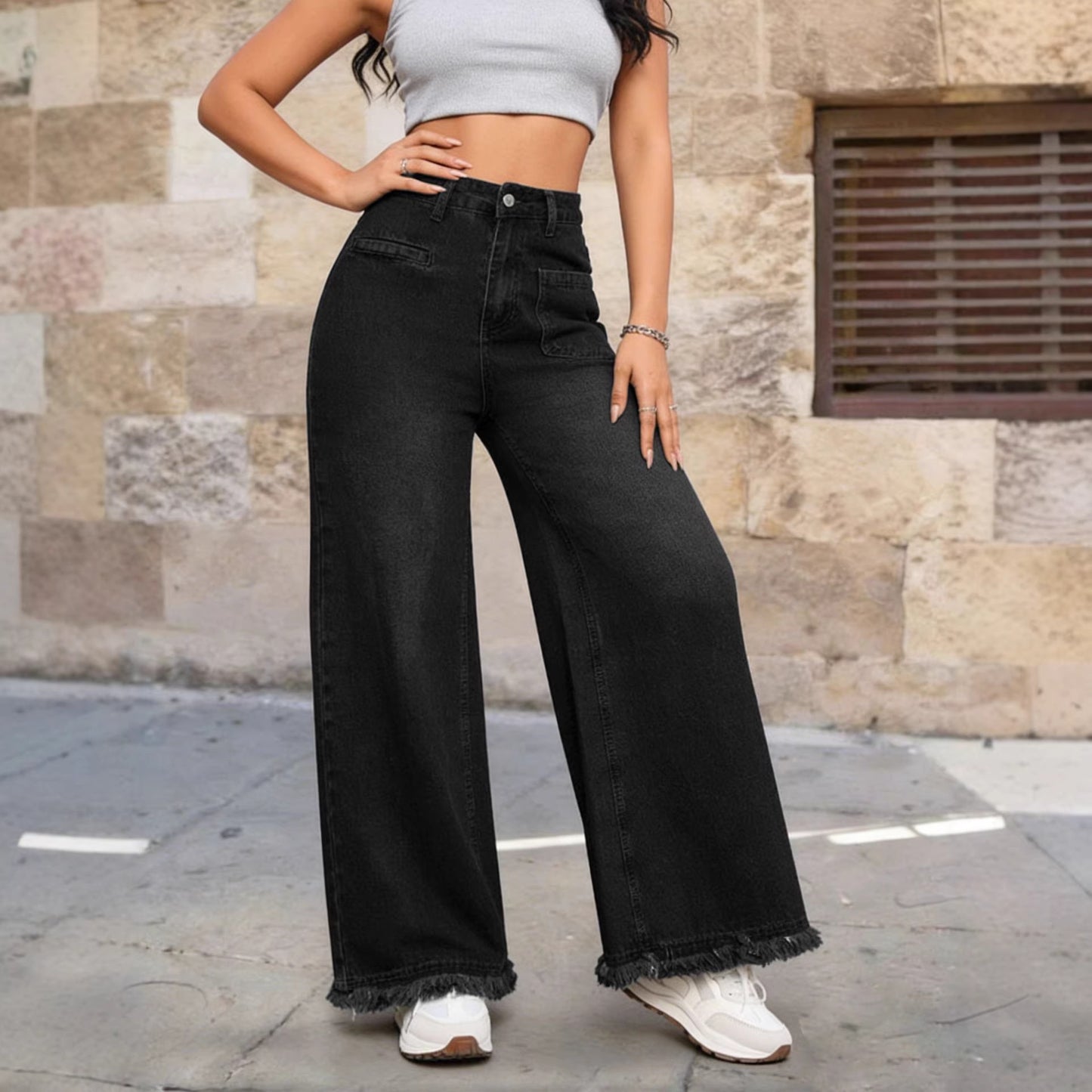 Women's Vintage Washed High Waist Raw Hem Wide Leg Jeans