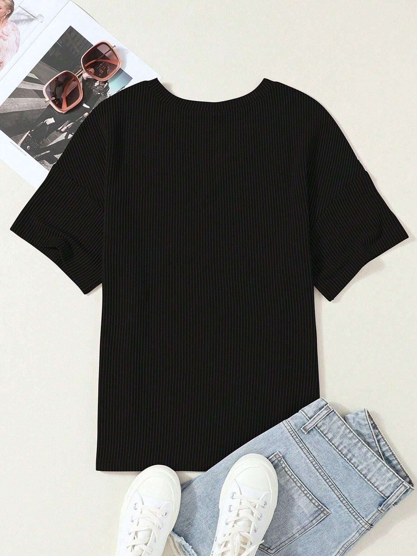 Ribbed V Neck Pocket Tee Short Sleeve Casual Top