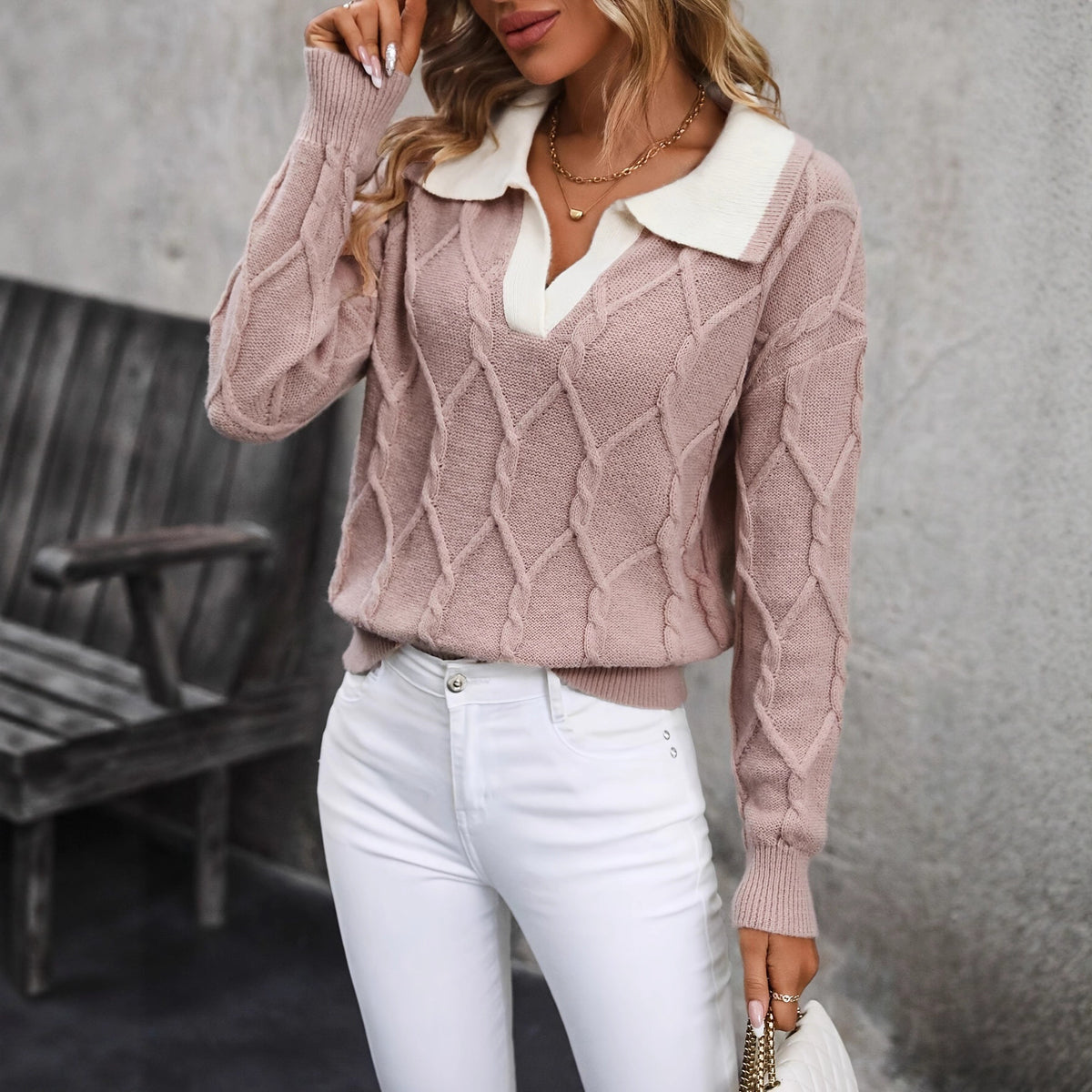 Women's Cable Knit Collared V-Neck Pullover Sweater