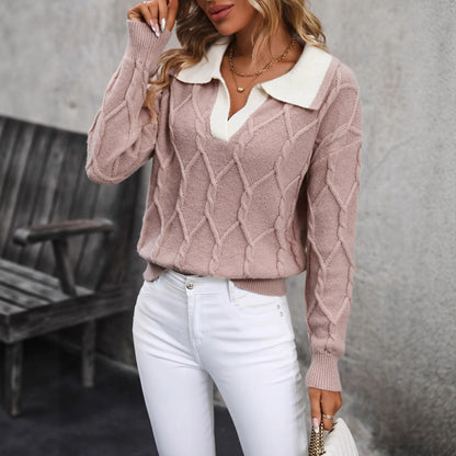 Women's Cable Knit Collared V-Neck Pullover Sweater