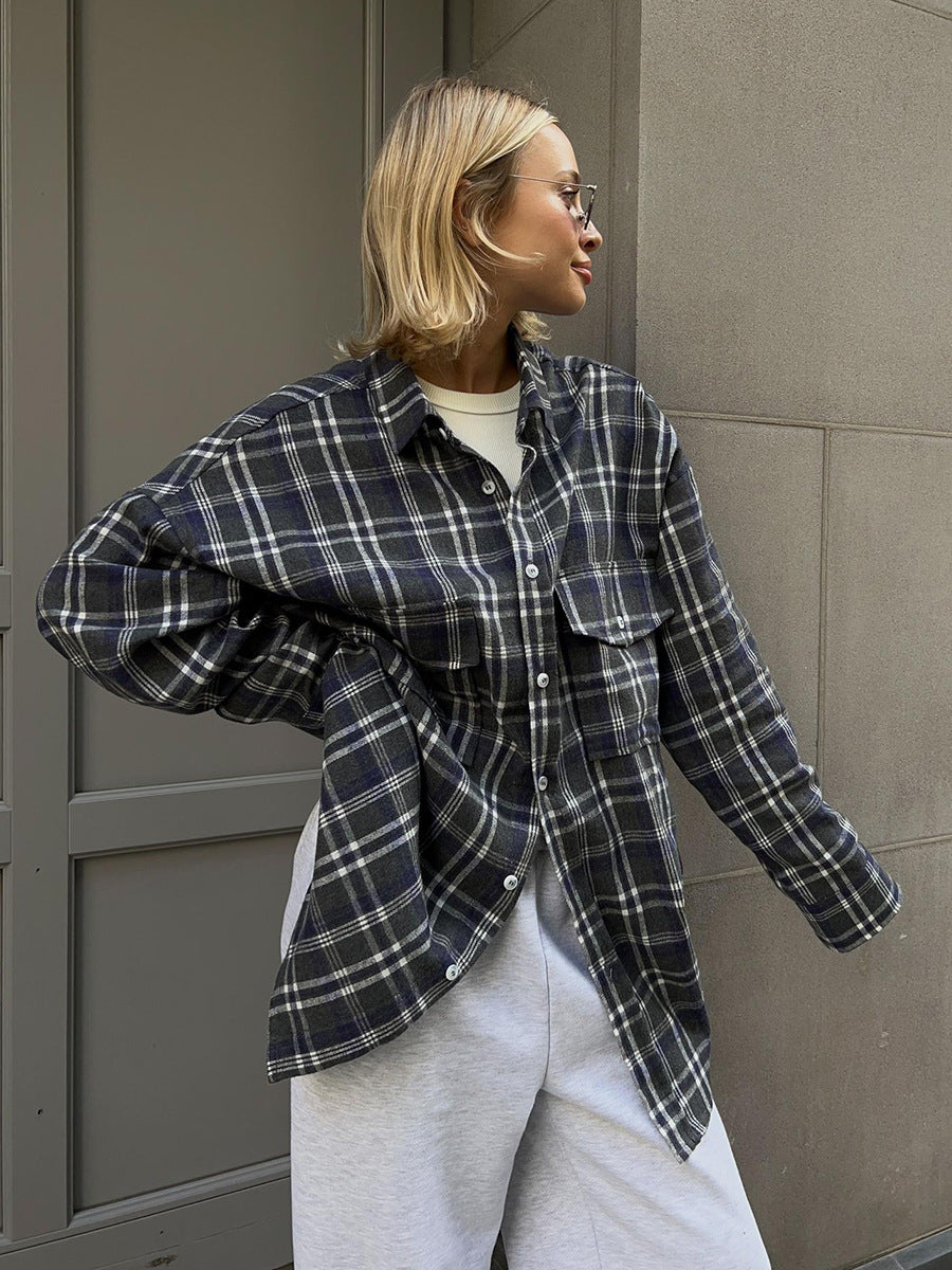 Women's Oversized Plaid Button Down Shirt with Pockets