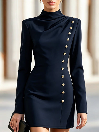 Mock Neck Ruched Mini Dress Long Sleeve Gold Button Detail