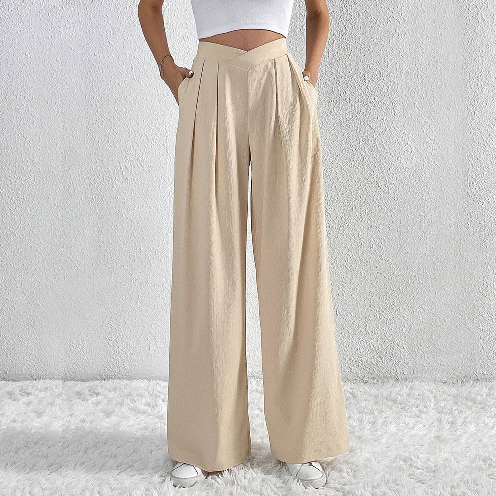 Pleated Wide Leg Pants Asymmetric Waist Trousers