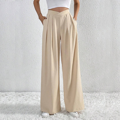 Pleated Wide Leg Pants Asymmetric Waist Trousers