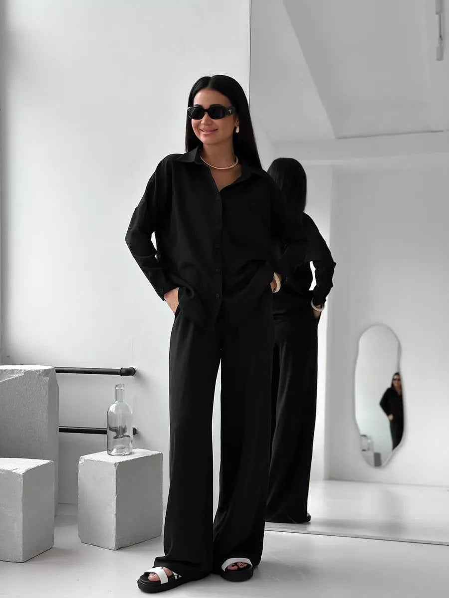 Two Piece Shirt Pants Set Wide Leg Casual Outfit