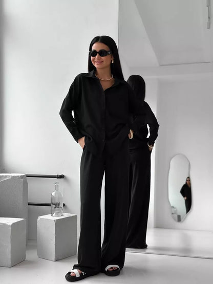 Two Piece Shirt Pants Set Wide Leg Casual Outfit