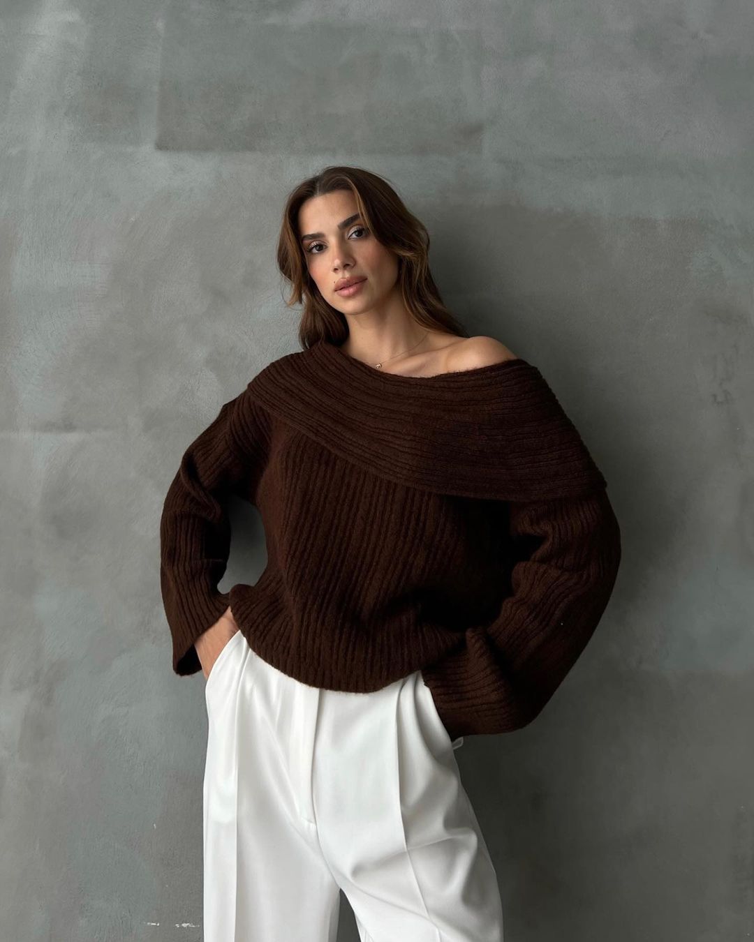 Womens Off Shoulder Bell Sleeve Sweater Oversized Knit Top