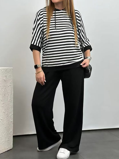 Plus Size Striped Top Wide Leg Pants Two Piece Set