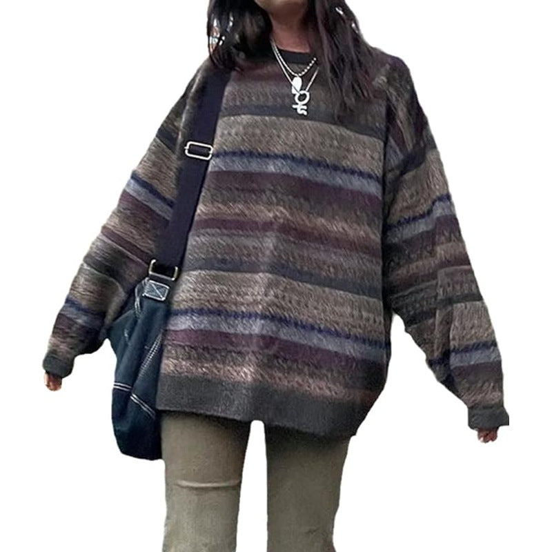 Women's Oversized Striped Sweater Vintage Crewneck Knit