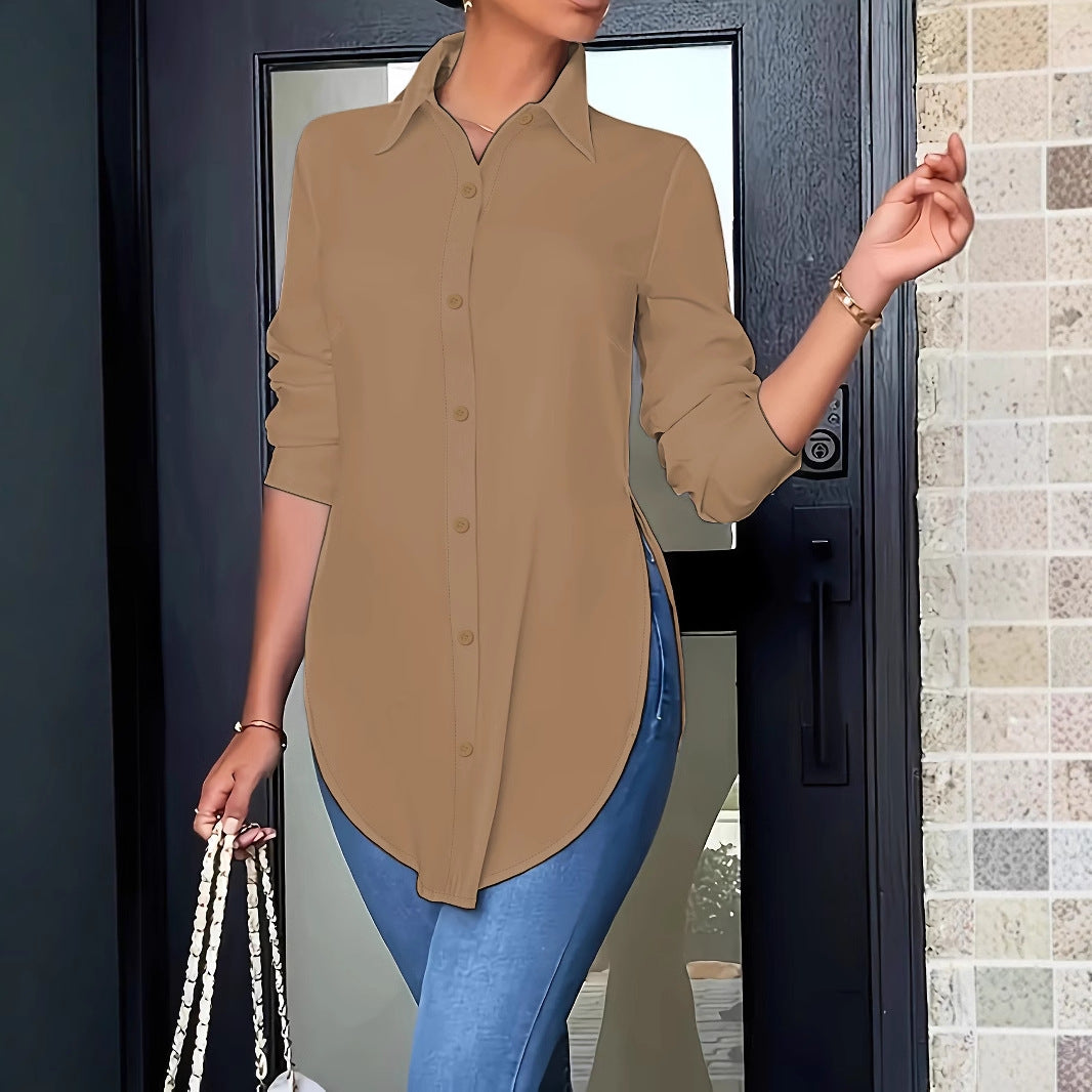 Women's Split Hem Long Sleeve Button Down Tunic Shirt