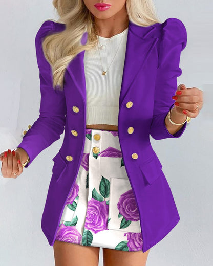 Women's Puff Sleeve Blazer & Mini Skirt 2 Piece Set