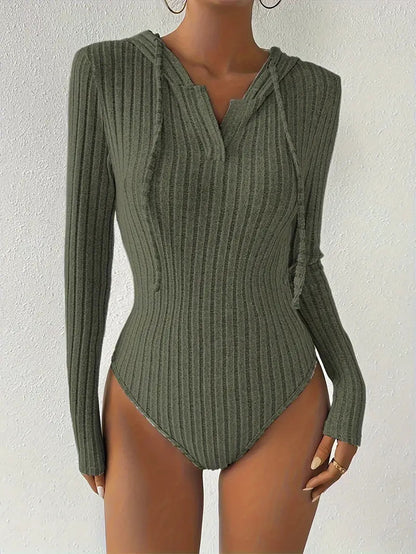 Women's Sexy Hooded Ribbed Long Sleeve Bodysuit Bodycon