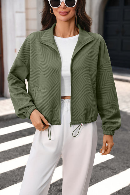 Quilted Zip Sweatshirt Drawstring Cropped Jacket